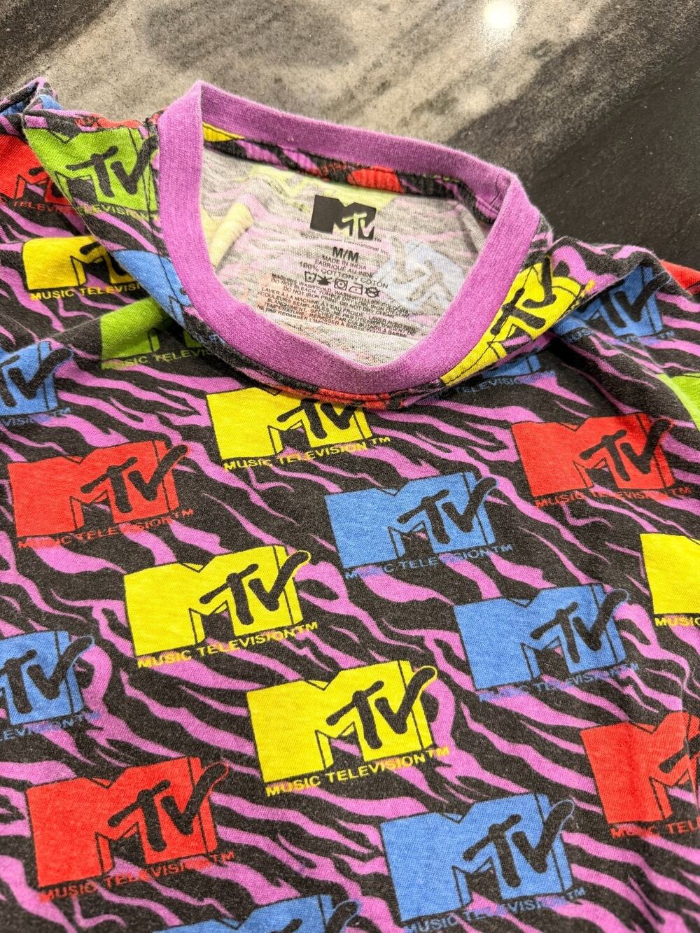 MTV Music Television AOP T Shirt Medium Purple Zebra Print Retro Y2K Graphic